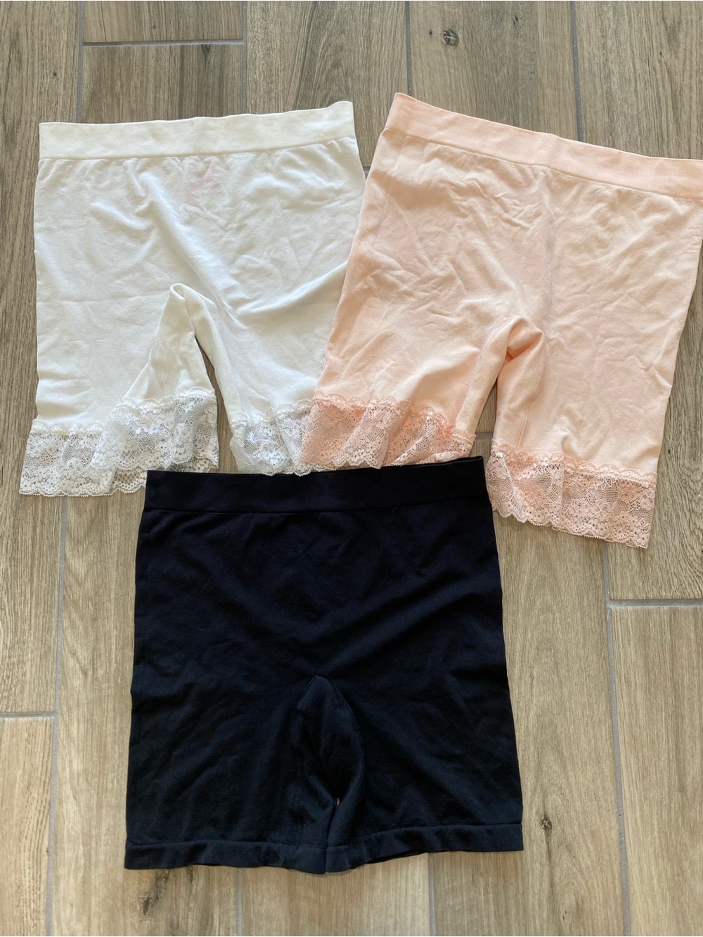 Breezies Lace-Trim Bike Shorts Trio - Black, White & Light Pink